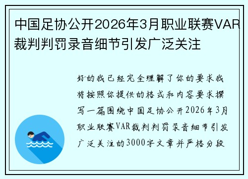 中国足协公开2026年3月职业联赛VAR裁判判罚录音细节引发广泛关注
